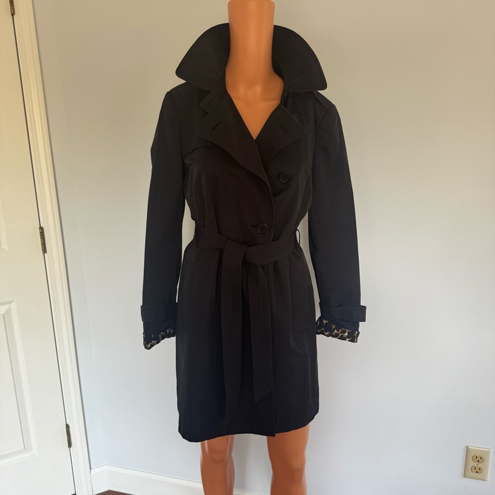 Ann Taylor Black Trench Coat with Animal Print Lining- Size S